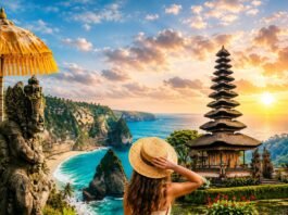 Ultimate Bali Travel Guide for First-Time Visitors: 15 Best Tips First-time visitor overlooking Bali rice terraces in Ubud at sunrise, Bali travel guide