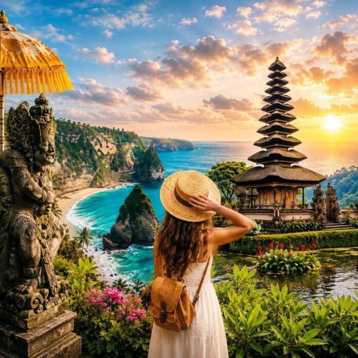 First-time visitor overlooking Bali rice terraces in Ubud at sunrise, Bali travel guide
