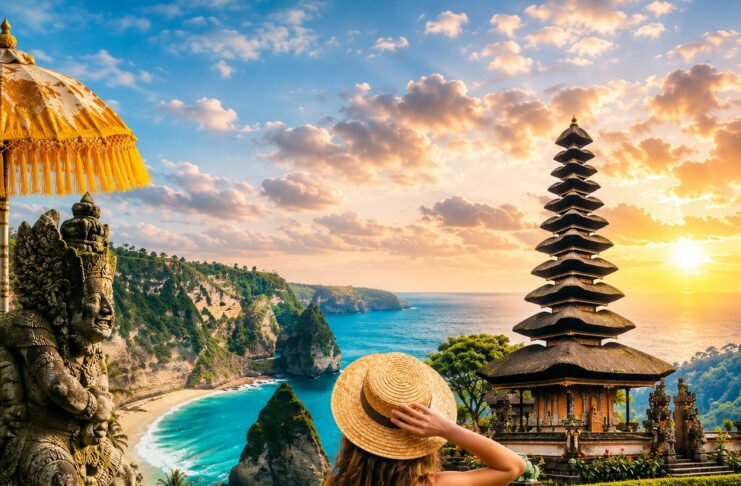 First-time visitor overlooking Bali rice terraces in Ubud at sunrise, Bali travel guide