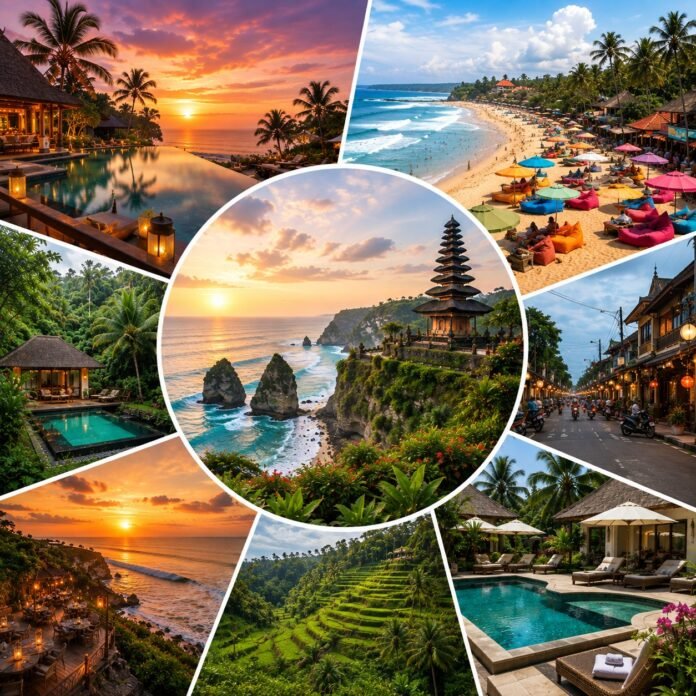 Where to stay in Bali guide showing the best areas including Canggu, Seminyak, Ubud and Uluwatu